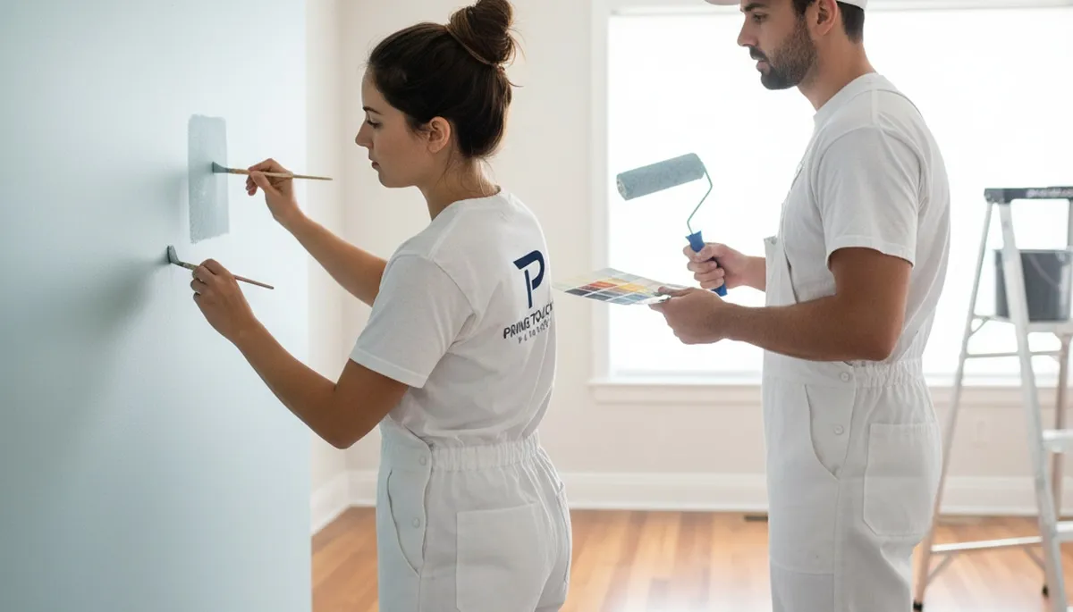 Painters applying paint touch-up on Fresno, CA home exterior to fix scuffs and sun-faded areas
