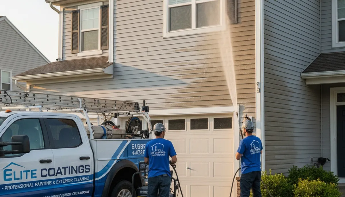 Vinyl siding pressure cleaning service in Fresno, CA for dust-covered home exterior by Fresno Paint Pros