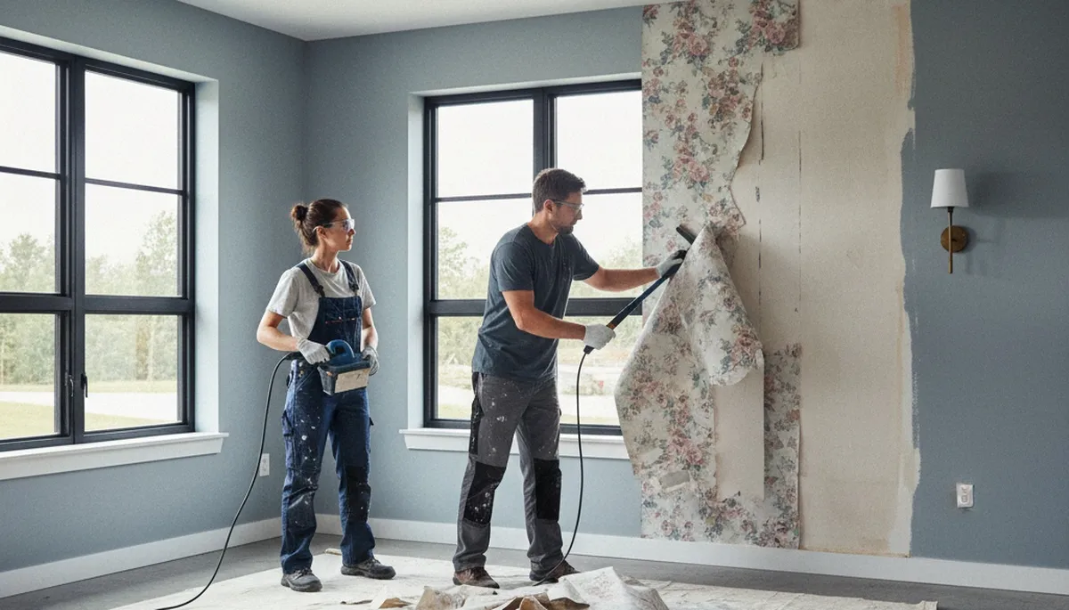 Fresno, CA wallpaper removal service by painters protecting drywall in a home interior